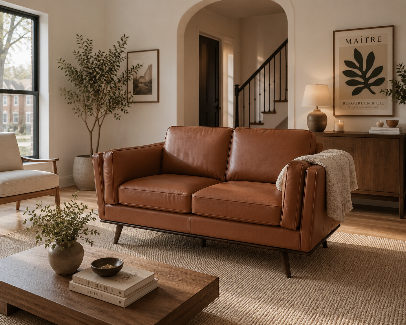 Selina Midcentury Brown Leather Loveseat Sofa – Luxana Home