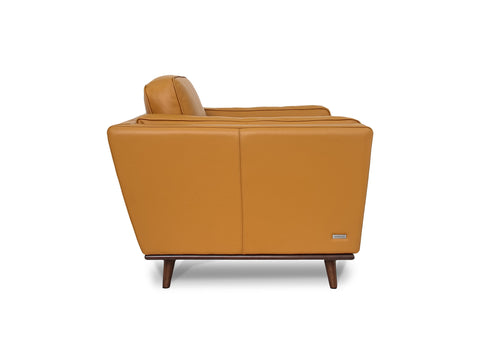 Selina Midcentury Cognac Leather Accent Chair side view showcasing its luxurious cognac leather and sleek design.