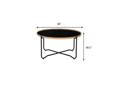 Siena Industrial Modern Coffee table with black round top and bentwood frame, measures 32 inches in width and 16.1 inches in height.