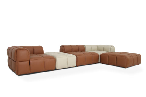 Tuscono Modular Leather Sofa - Brown & Beige Full Configuration showcasing contemporary modular design and plush cushions.
