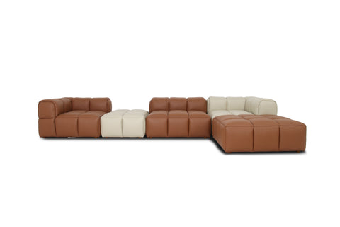 Tuscono Modular Leather Sofa in brown and beige full configuration, offering modern style and plush comfort.