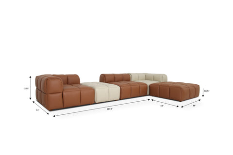 Tuscono Modular Leather Sofa showing brown and beige full configuration dimensions.