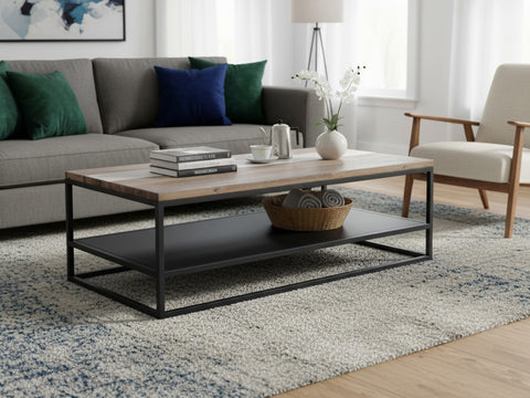 Como Rustic Industrial Rectangular Coffee Table with Lower Shelf in a modern living room setting.