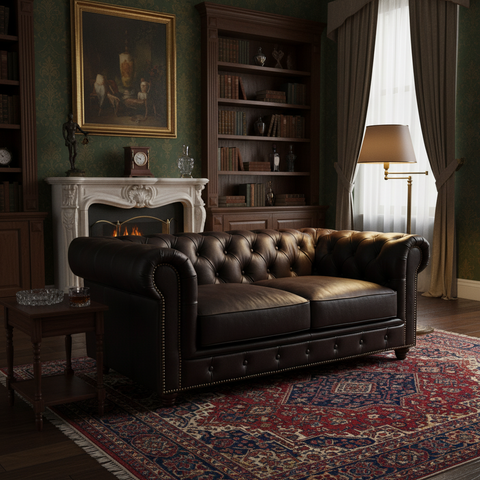 Luxurious living room with The Classic Chesterfield Sofa in Toronto showroom.