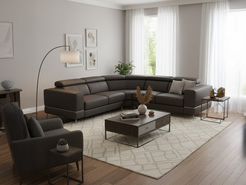 Upgrade Your Living Space with Premium Leather Sofas in Mississauga featuring a modern dark leather sectional in a chic living room setup.