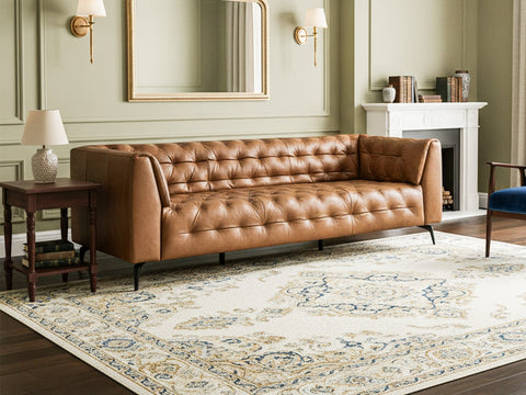 Elegant living room featuring a brown leather sofa from Local Businesses, highlighting the benefits of choosing local stores for quality furniture.