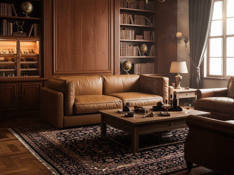 Luxury leather sofa setup, perfect for The Ultimate Leather Sofa Guide, showcasing classic elegance in a cozy, book-filled room.