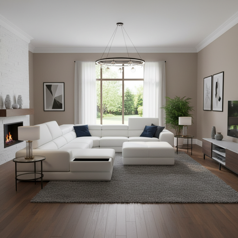 Modern living room showcasing furniture ideas for home renovation with stylish sectional sofa and chic decor.
