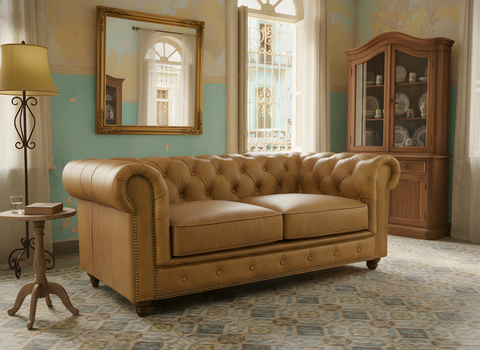 Luxurious leather sofa in a premium furniture store in Toronto, featuring elegant design and classic style for upscale living spaces.