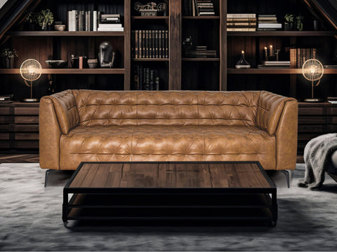 Leather sofa and coffee table for renovating your basement with stylish furniture ideas.