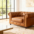 Stanhope Cognac Distressed Leather 1 Seater Chesterfield in a bright living room setting
