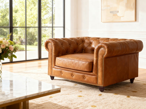 Stanhope Cognac Distressed Leather 1 Seater Chesterfield in a bright living room setting
