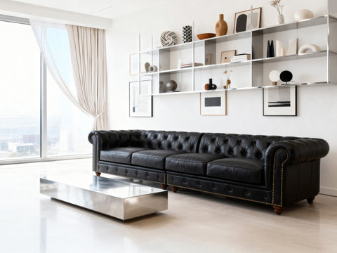 Stanhope Black 4 Seater Chesterfield sofa in modern living room with elegant decor.