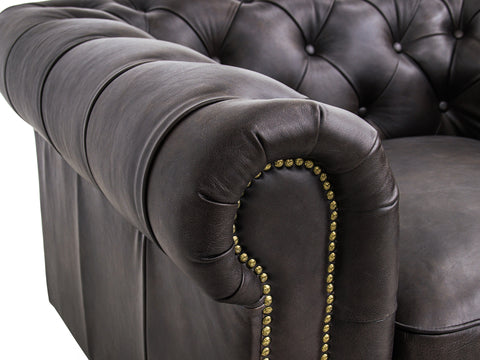Side view of Stanhope Dark Chocolate 3 Seater Chesterfield featuring rich aniline leather and tufted design.