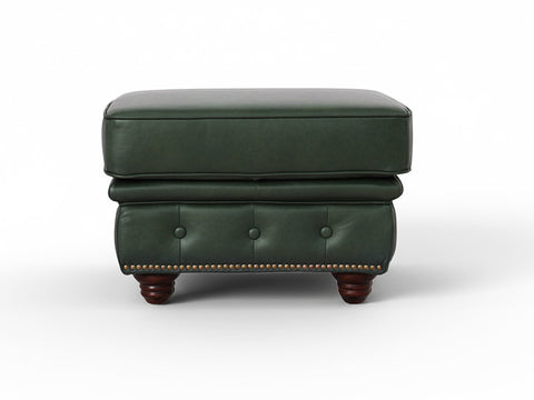 Stanhope Royal Green Leather Chesterfield Ottoman in rich top-grain aniline leather with natural character and deep elegance.