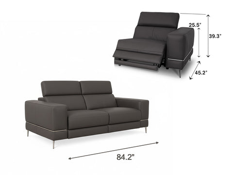 Modena Grey Leather Motorized Loveseat Recliner with dimensions displayed