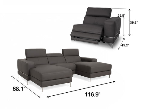 Modena Grey Leather Double Chaise U Shape Sofa with dimensions 116.9 x 68.1 inches, showcasing modern design and exceptional comfort.