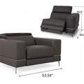Modena Grey Leather Motorized Single Recliner with dimensions shown, highlighting modern luxury and design.