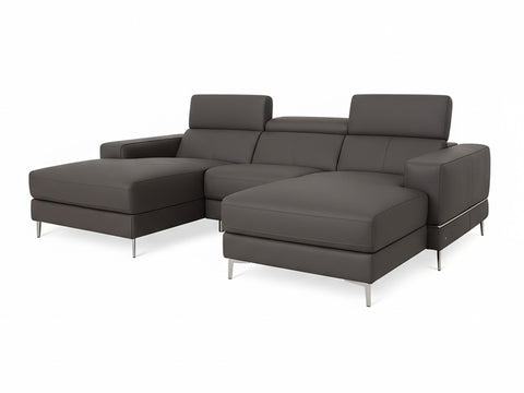 Modena Grey Leather Double Chaise U Shape Sofa featuring modern luxury design and premium materials with an inviting silhouette.
