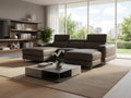 Modern living room featuring Modena Grey Leather Double Chaise U Shape Sofa with natural light and contemporary decor.