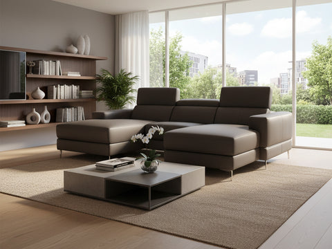 Modern living room featuring Modena Grey Leather Double Chaise U Shape Sofa with natural light and contemporary decor.