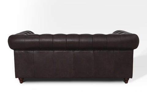Back view of Stanhope Dark Chocolate Loveseat Chesterfield in rich aniline leather upholstery highlighting British heritage design.
