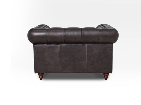 Back view of Stanhope Dark Chocolate 1 Seater Chesterfield showcasing luxury leather upholstery and classic design.