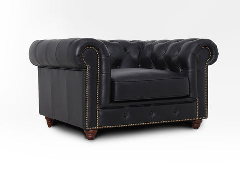 Stanhope Black Leather 1 Seater Chesterfield in rich aniline leather with British heritage design.