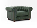 Stanhope Royal Green Leather 1 Seater Chesterfield with tufted design and top-grain leather upholstery.