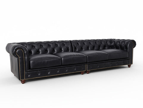 Stanhope Black 4 Seater Chesterfield in rich top-grain leather, showcasing British heritage and modern luxury.