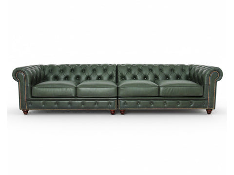 Stanhope Royal Green Leather 4 Seater Chesterfield sofa, a luxurious modern interpretation of British heritage in rich aniline leather.
