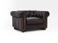Stanhope Dark Chocolate 1 Seater Chesterfield upholstered in rich aniline leather with classic tufted design, showcasing modern luxury.