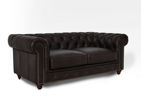 Stanhope Dark Chocolate Loveseat Chesterfield in premium leather upholstery