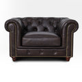 Stanhope Dark Chocolate 1 Seater Chesterfield in top-grain leather showcasing modern luxury and British heritage style.
