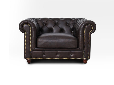 Stanhope Dark Chocolate 1 Seater Chesterfield in top-grain leather showcasing modern luxury and British heritage style.