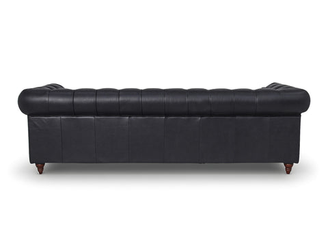 Back view of Stanhope Black 3 Seater Chesterfield in top-grain leather, showcasing sleek design and luxury appeal.
