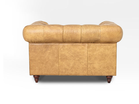 Back view of Stanhope Camel Brown Distressed Leather 1 Seater Chesterfield sofa showcasing top-grain leather and refined design.