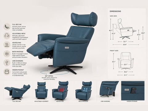 Velasco Deep Teal Leather Power Swivel Recliner Chair with Heat & Massage
