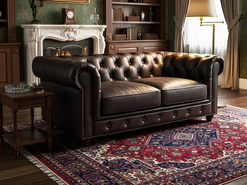 Stanhope Dark Chocolate Loveseat Chesterfield in elegant library setting with fireplace and classic rug.