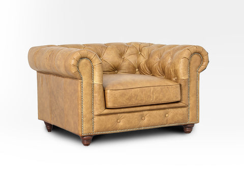 Stanhope Camel Brown Distressed Leather 1 Seater Chesterfield in aniline leather showcasing British heritage design.