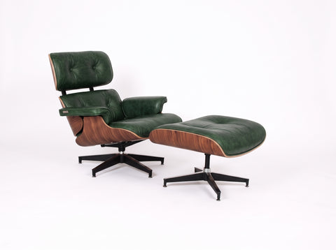Meseo Royal Green Leather Lounge Chair and Ottoman