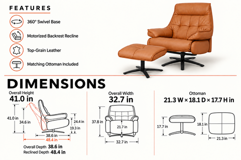 Nero Cognac Leather Reclining Swivel Chair with Ottoman