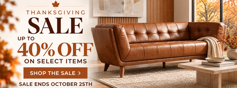 A brown leather tufted sofa in a styled living room setting, with a large promotional sale banner on the left reading 'Thanksgiving Sale Up to 40% Off on Select Items' and 'Sale Ends October 25th'.