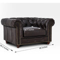 Dimensions of Stanhope Dark Chocolate 1 Seater Chesterfield chair in dark leather with luxury design.