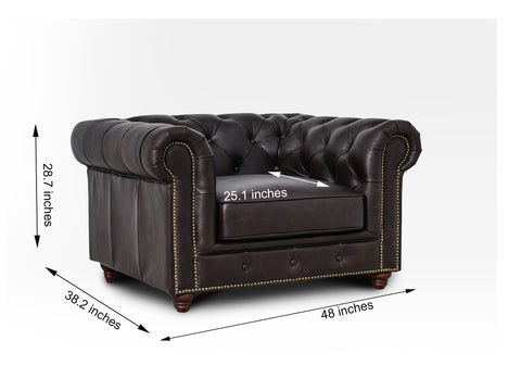 Dimensions of Stanhope Dark Chocolate 1 Seater Chesterfield chair in dark leather with luxury design.