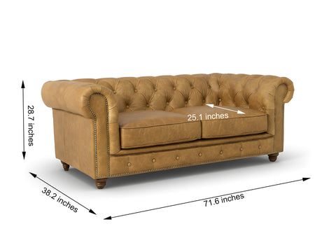 Stanhope Camel Brown Distressed Leather Loveseat Chesterfield with dimensions 71.6 x 38.2 x 28.7 inches