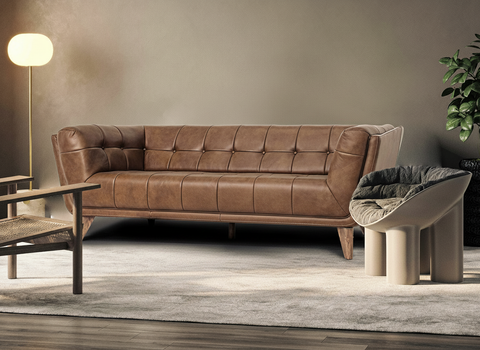 Divano Mid Century Chestnut Brown Tufted Leather Sofa