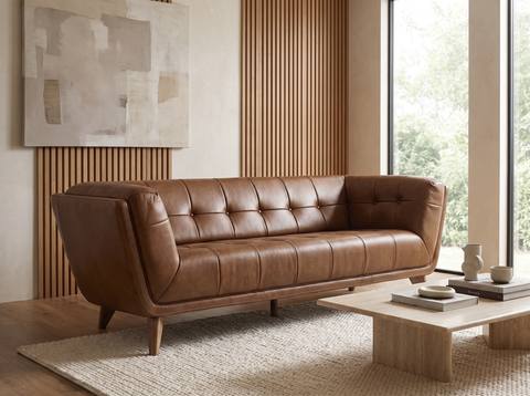 Divano Mid Century Chestnut Brown Tufted Leather Sofa