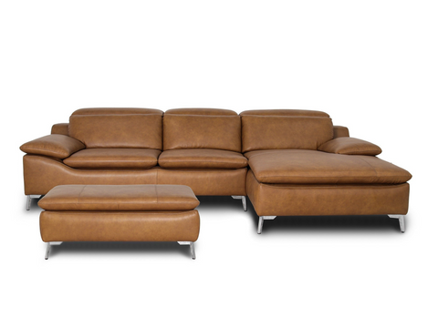 Milano Tan Leather Sectional Sofa - Right Chaise with Ottoman
