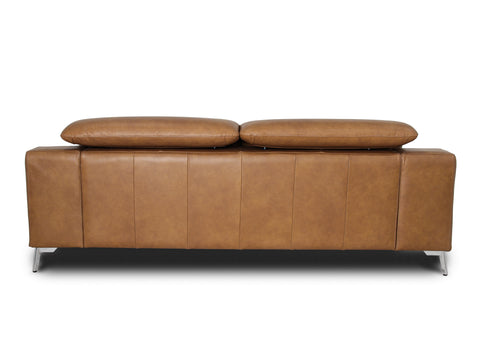 Back view of Milano Modern Tan Leather 3 Seater Sofa showcasing sleek design and luxurious upholstery.